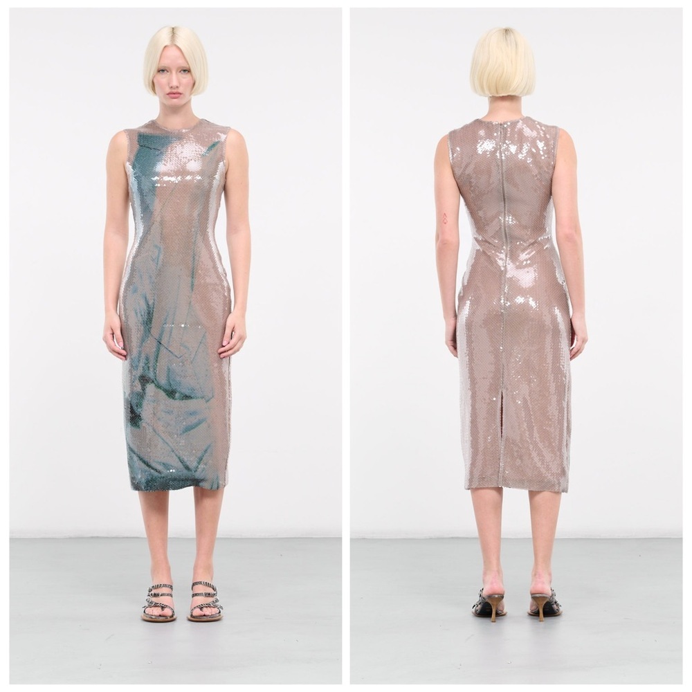 16ARLINGTON Aveo Sequin Midi Dress Beige Blue Cocktail Formal Wedding Sz2 NWT ⚪️
